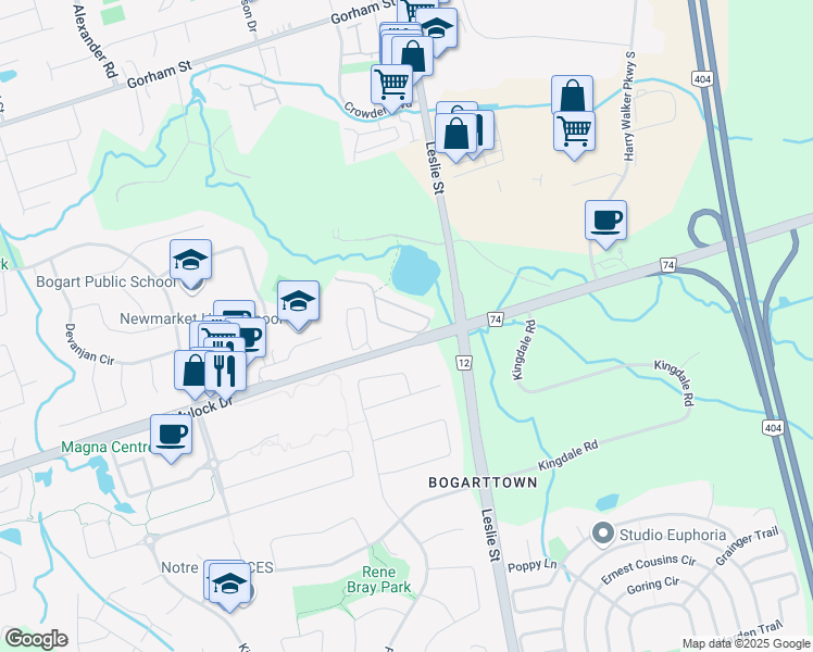 map of restaurants, bars, coffee shops, grocery stores, and more near 1033 On Bogart Circle in Newmarket
