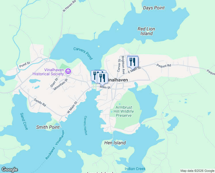 map of restaurants, bars, coffee shops, grocery stores, and more near 66 Main Street in Vinalhaven