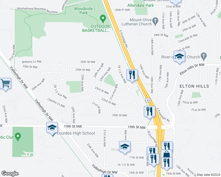 map of restaurants, bars, coffee shops, grocery stores, and more near 2114 24th Street Northwest in Rochester
