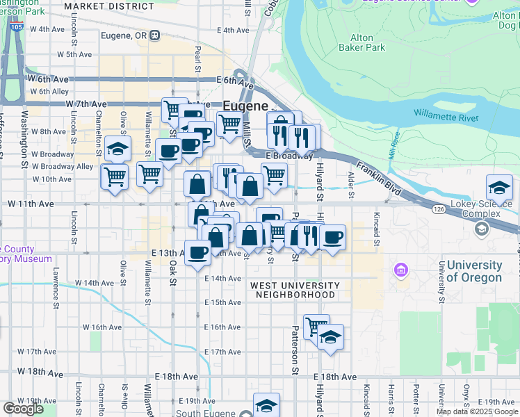 map of restaurants, bars, coffee shops, grocery stores, and more near 458 East 11th Avenue in Eugene