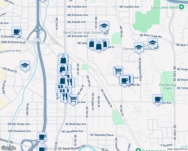 map of restaurants, bars, coffee shops, grocery stores, and more near 535 Southeast Centennial Street in Bend