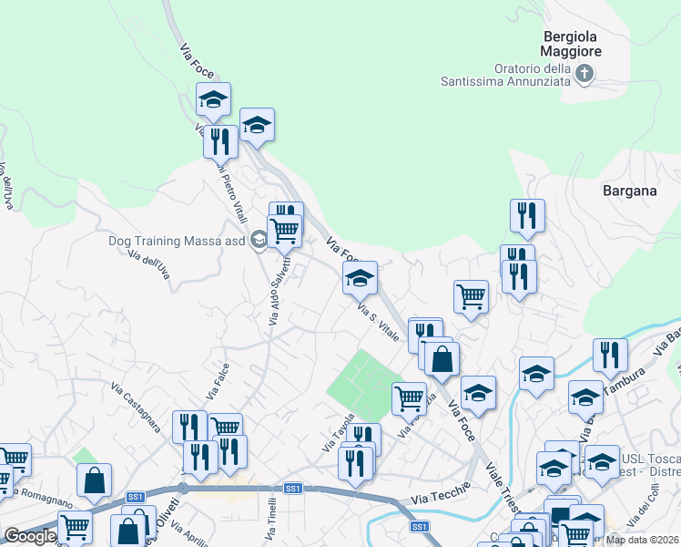 map of restaurants, bars, coffee shops, grocery stores, and more near 34 Via San Vitale in Massa