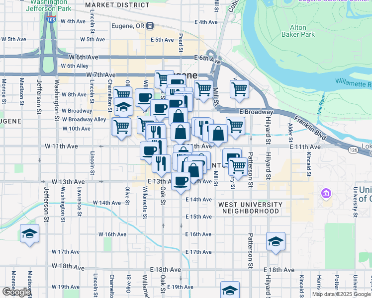 map of restaurants, bars, coffee shops, grocery stores, and more near 280 East 11th Avenue in Eugene