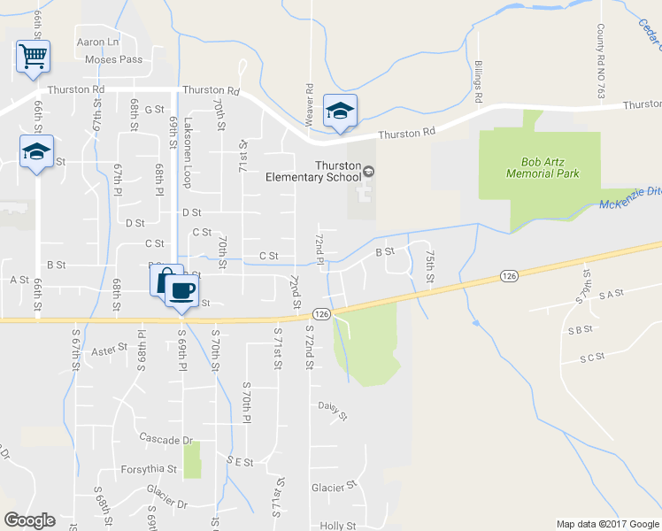map of restaurants, bars, coffee shops, grocery stores, and more near 7282 B Street in Springfield