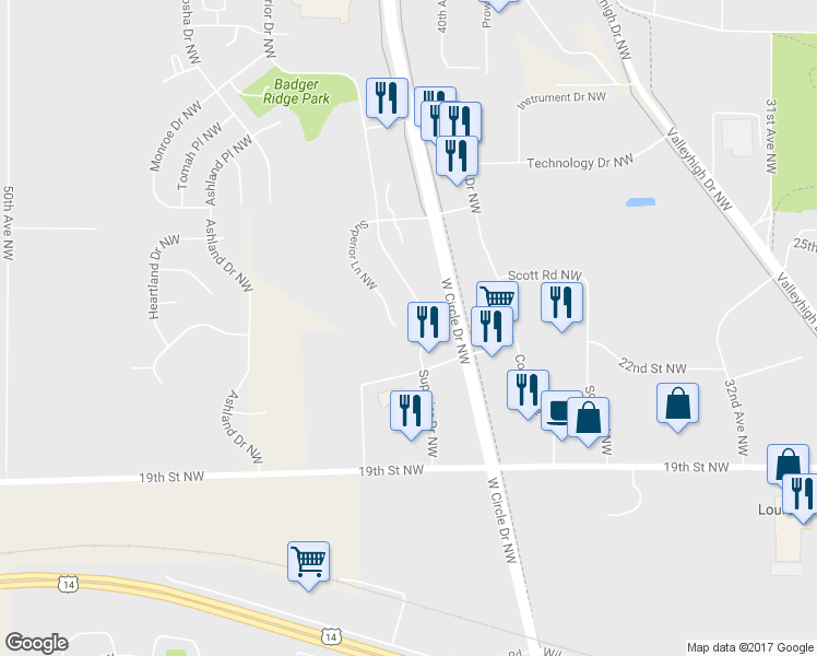 map of restaurants, bars, coffee shops, grocery stores, and more near 2334 Superior Drive Northwest in Rochester