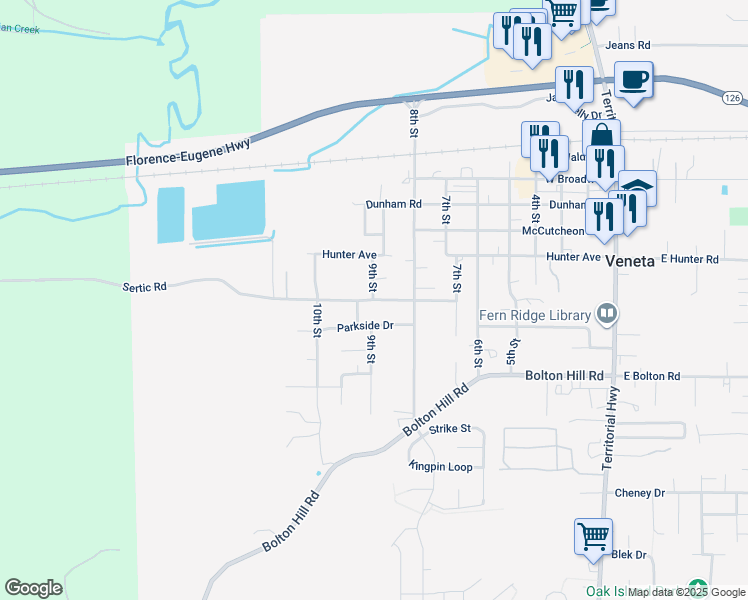 map of restaurants, bars, coffee shops, grocery stores, and more near 88010 9th Street in Veneta