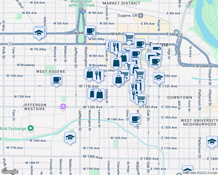 map of restaurants, bars, coffee shops, grocery stores, and more near 1102 Lincoln Street in Eugene
