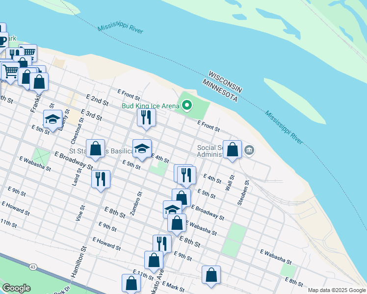 map of restaurants, bars, coffee shops, grocery stores, and more near 720 East 3rd Street in Winona