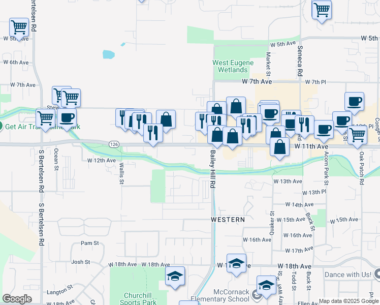 map of restaurants, bars, coffee shops, grocery stores, and more near 3768 West 11th Avenue in Eugene