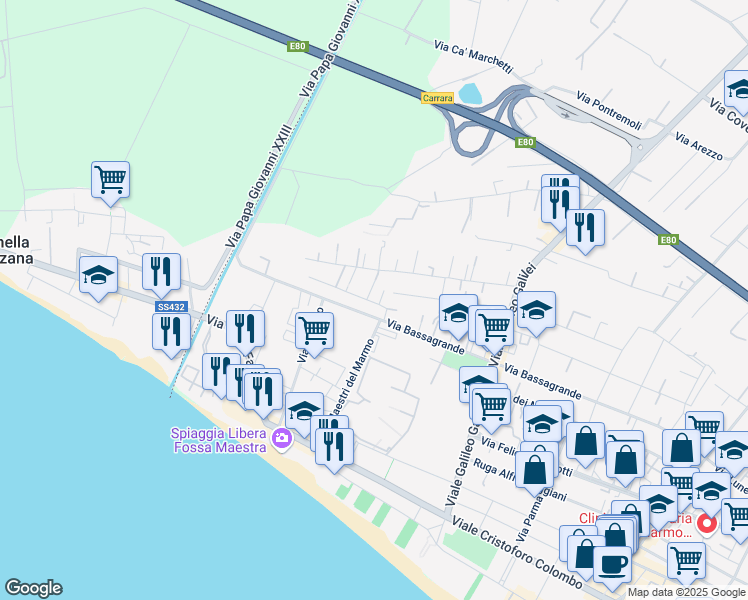 map of restaurants, bars, coffee shops, grocery stores, and more near 102 Via Bassagrande in Marina di Carrara
