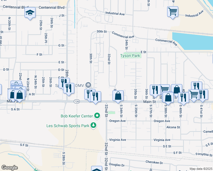 map of restaurants, bars, coffee shops, grocery stores, and more near 270 North 32nd Street in Springfield