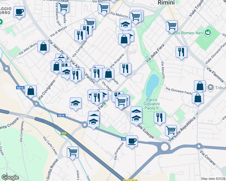 map of restaurants, bars, coffee shops, grocery stores, and more near 79 Via della Fiera in Rimini