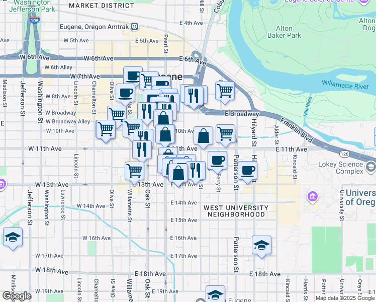 map of restaurants, bars, coffee shops, grocery stores, and more near 322 East 11th Avenue in Eugene
