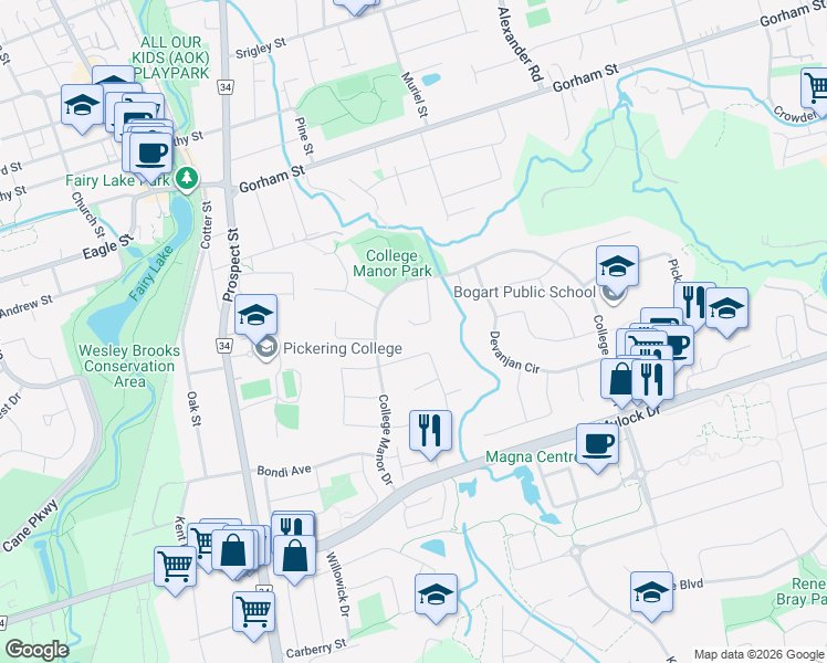 map of restaurants, bars, coffee shops, grocery stores, and more near 411 Renzius Court in Newmarket