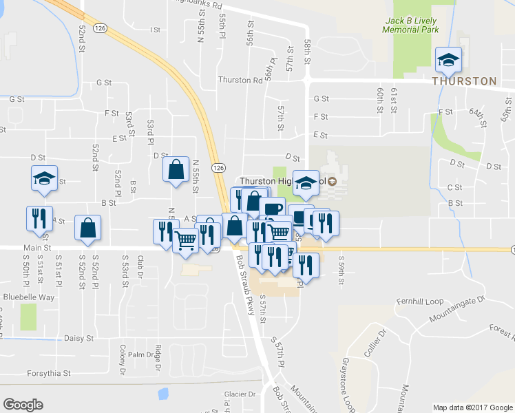 map of restaurants, bars, coffee shops, grocery stores, and more near 252 57th Street in Springfield