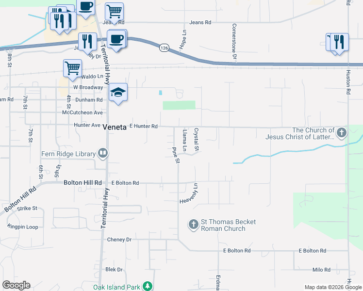 map of restaurants, bars, coffee shops, grocery stores, and more near 88048 Llama Ln in Veneta