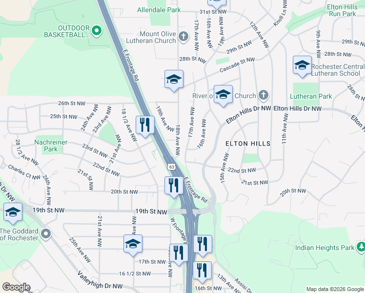 map of restaurants, bars, coffee shops, grocery stores, and more near 2301 17th Avenue Northwest in Rochester