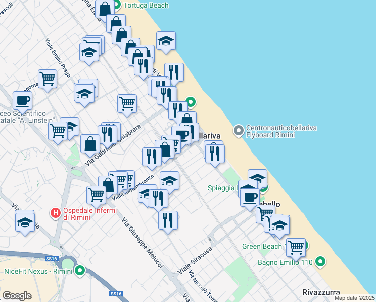 map of restaurants, bars, coffee shops, grocery stores, and more near 2 Via Briga in Rimini