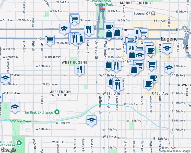 map of restaurants, bars, coffee shops, grocery stores, and more near 1108 Jefferson Street in Eugene