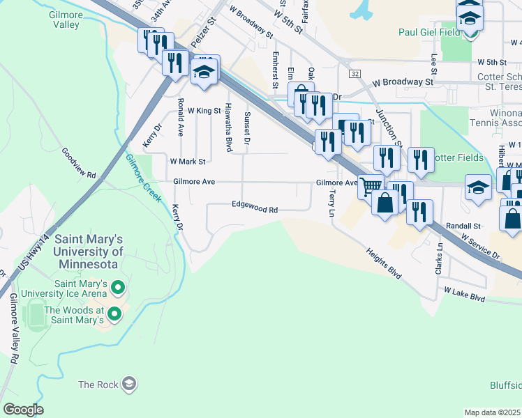 map of restaurants, bars, coffee shops, grocery stores, and more near 1763 Edgewood Road in Winona