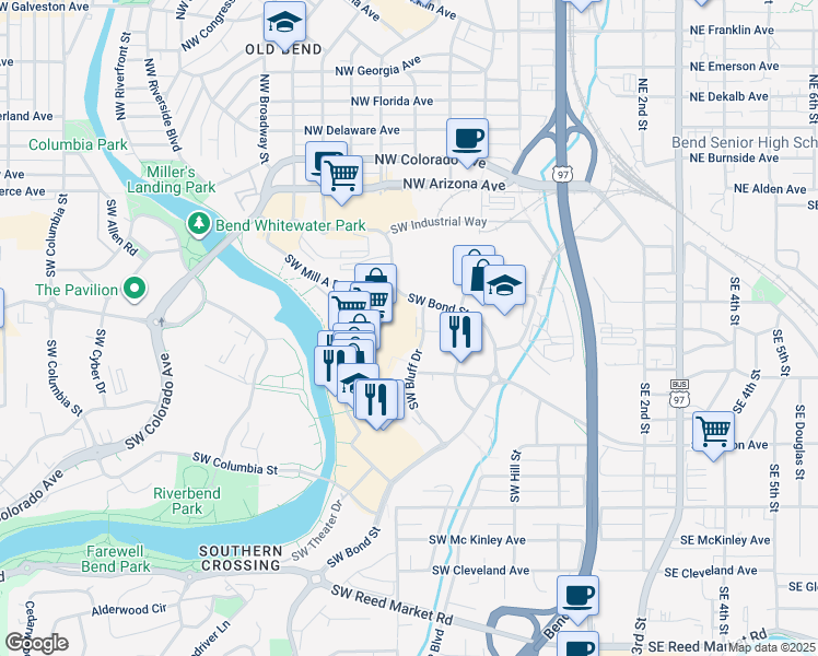 map of restaurants, bars, coffee shops, grocery stores, and more near 291 Southwest Bluff Drive in Bend