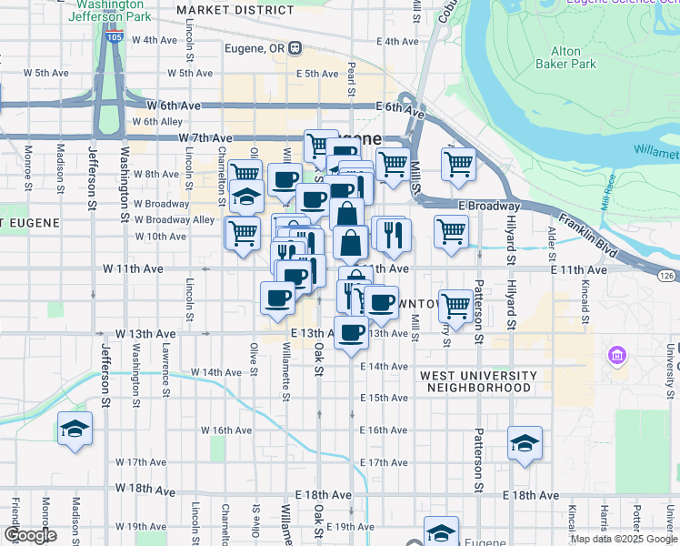 map of restaurants, bars, coffee shops, grocery stores, and more near 180 East 11th Avenue in Eugene