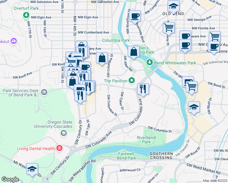 map of restaurants, bars, coffee shops, grocery stores, and more near 296 Southwest Columbia Street in Bend