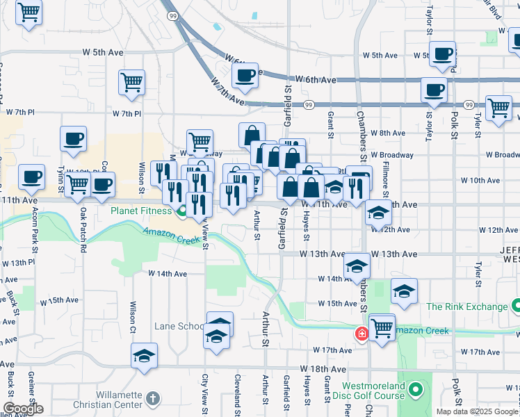 map of restaurants, bars, coffee shops, grocery stores, and more near 2090 W 11th Ave in Eugene