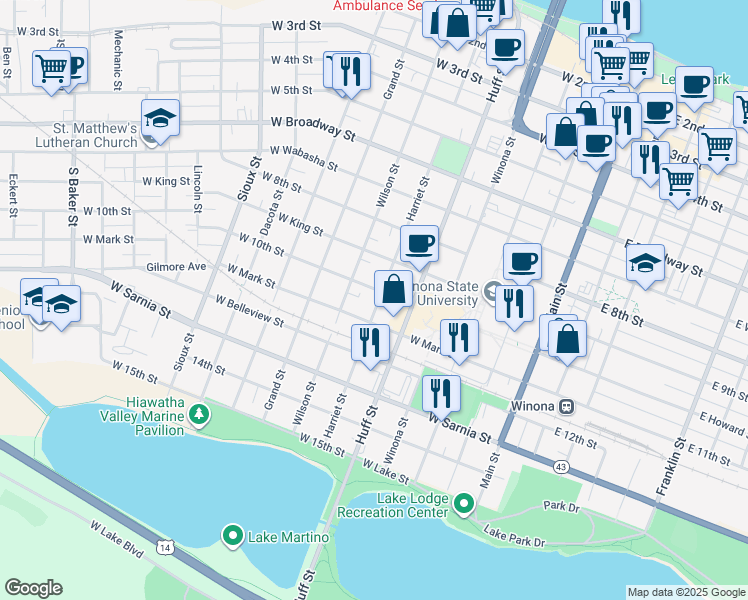 map of restaurants, bars, coffee shops, grocery stores, and more near 509 Harriet Street in Winona