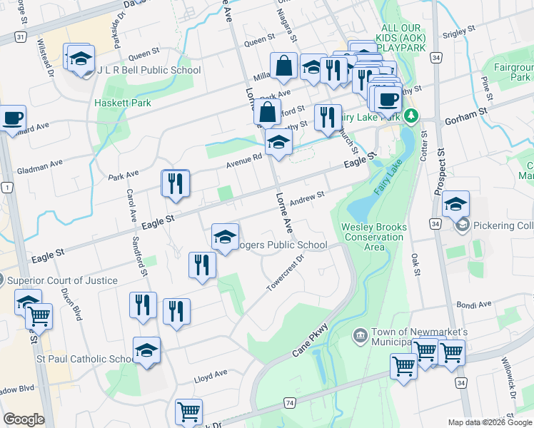 map of restaurants, bars, coffee shops, grocery stores, and more near 318 Andrew Street in Newmarket
