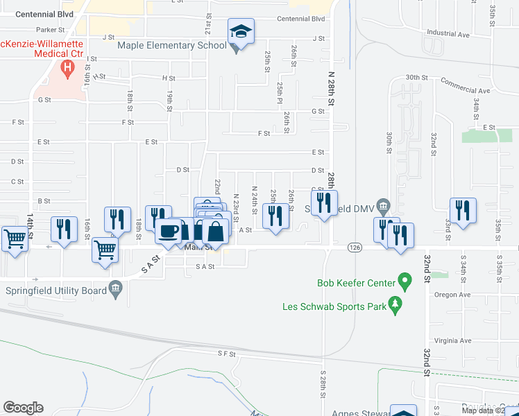 map of restaurants, bars, coffee shops, grocery stores, and more near 305 North 24th Street in Springfield