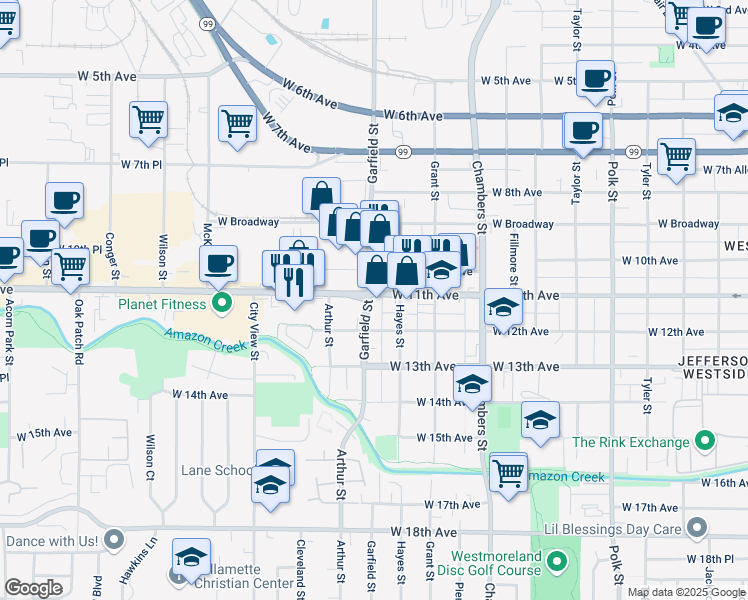 map of restaurants, bars, coffee shops, grocery stores, and more near 1990 West 11th Avenue in Eugene