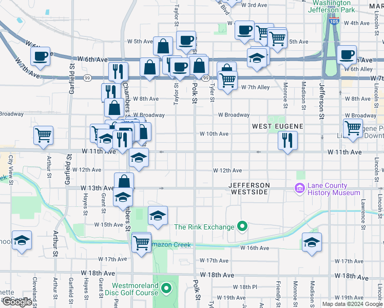 map of restaurants, bars, coffee shops, grocery stores, and more near 1114 Polk Street in Eugene