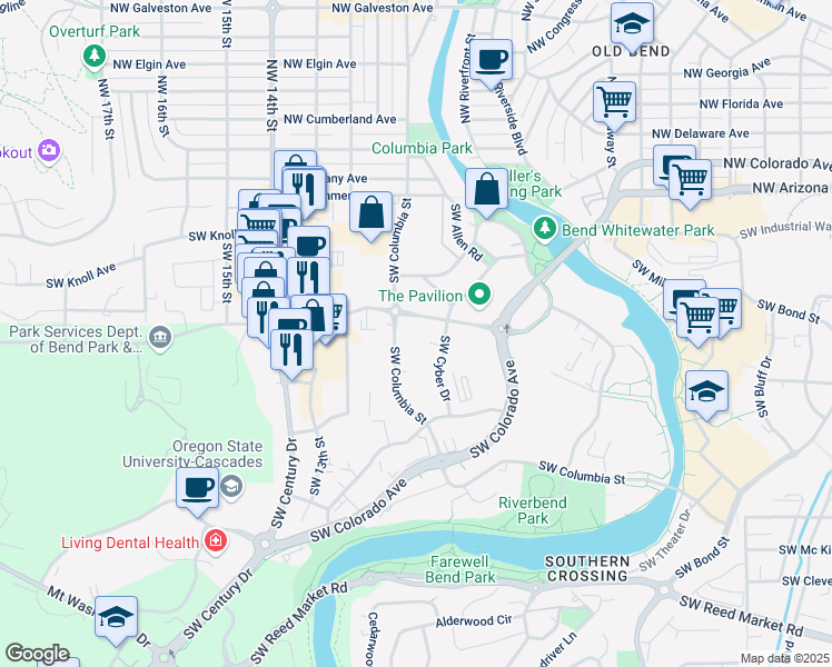 map of restaurants, bars, coffee shops, grocery stores, and more near 296 Southwest Columbia Street in Bend