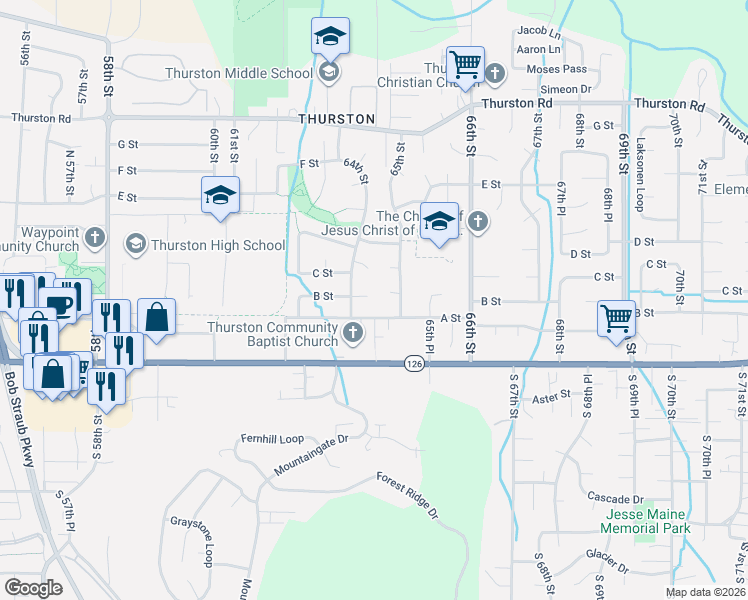 map of restaurants, bars, coffee shops, grocery stores, and more near 6445 B Street in Springfield