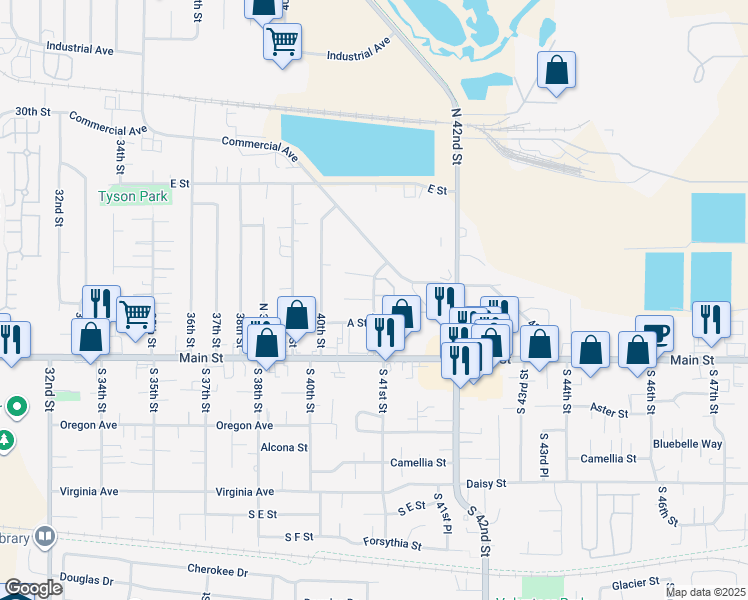 map of restaurants, bars, coffee shops, grocery stores, and more near 251 41st Street in Springfield