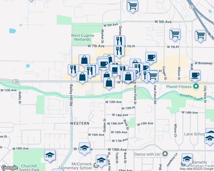 map of restaurants, bars, coffee shops, grocery stores, and more near 3390 West 11th Avenue in Eugene