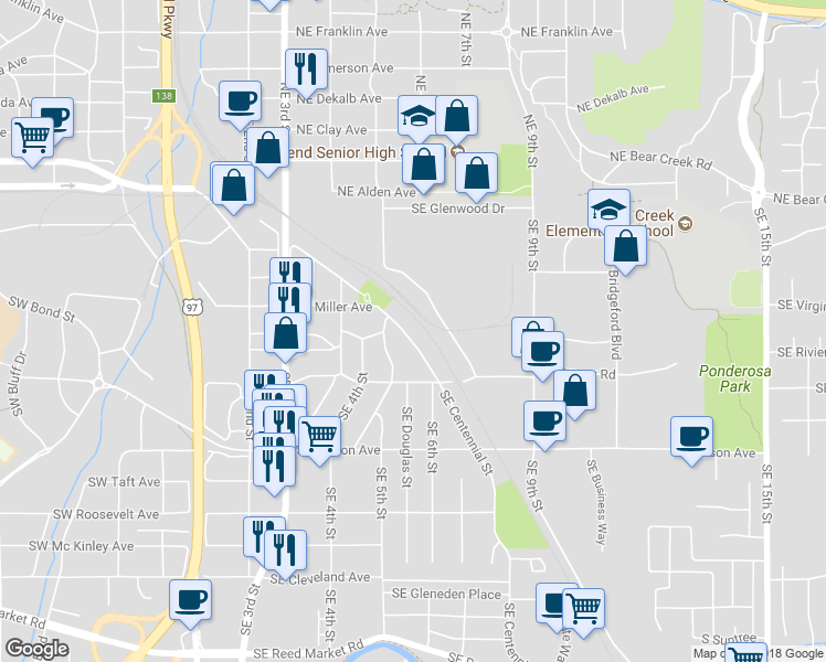 map of restaurants, bars, coffee shops, grocery stores, and more near 535 Southeast Centennial Street in Bend