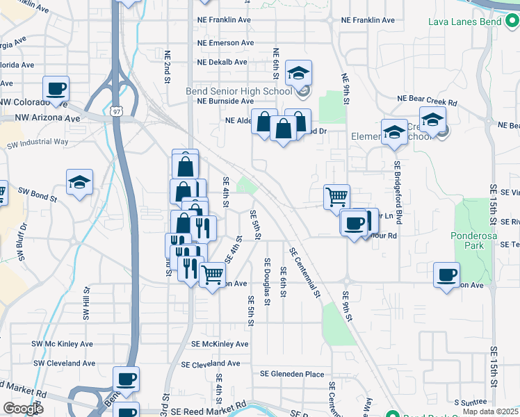 map of restaurants, bars, coffee shops, grocery stores, and more near 535 Southeast Centennial Street in Bend