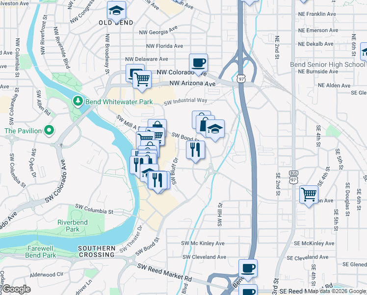 map of restaurants, bars, coffee shops, grocery stores, and more near 205 Southwest Log Court in Bend