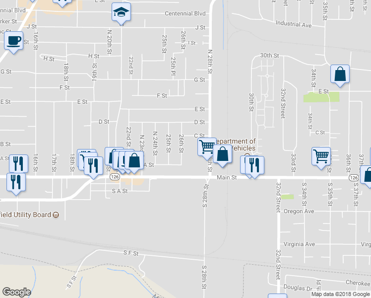 map of restaurants, bars, coffee shops, grocery stores, and more near 300 North 26th Street in Springfield