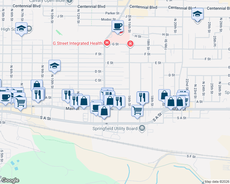 map of restaurants, bars, coffee shops, grocery stores, and more near 1435 B Street in Springfield
