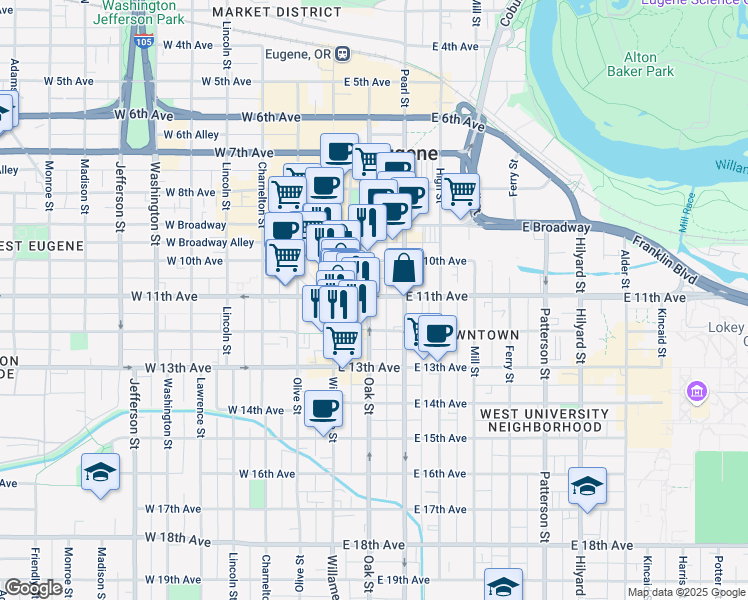 map of restaurants, bars, coffee shops, grocery stores, and more near 98 East 11th Avenue in Eugene