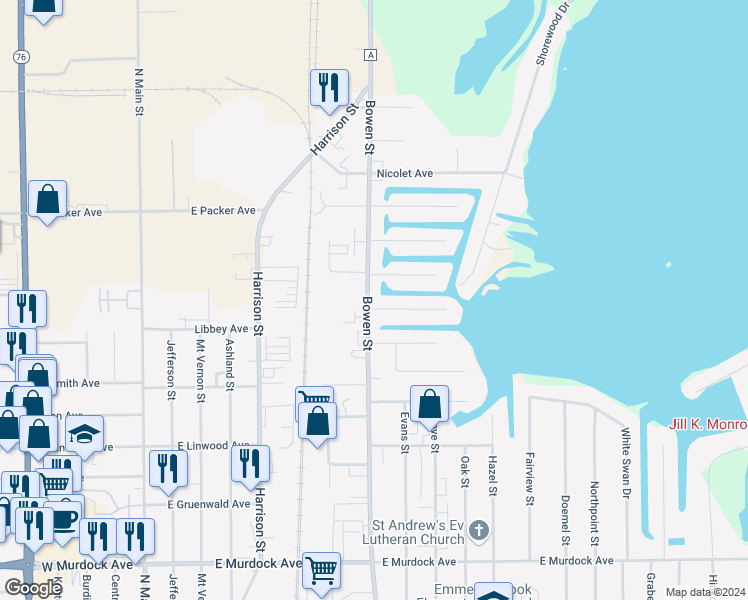 map of restaurants, bars, coffee shops, grocery stores, and more near 2445 Bowen Street in Oshkosh