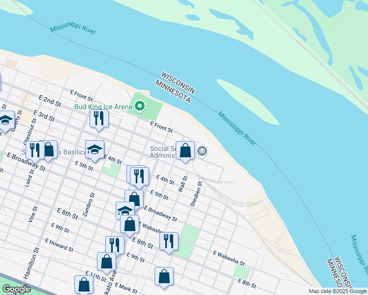 map of restaurants, bars, coffee shops, grocery stores, and more near 866 East 2nd Street in Winona