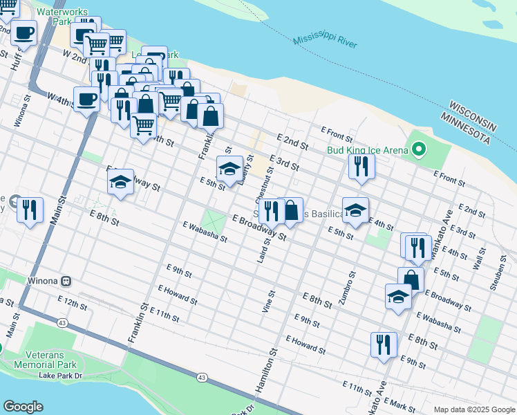 map of restaurants, bars, coffee shops, grocery stores, and more near 423 East 5th Street in Winona