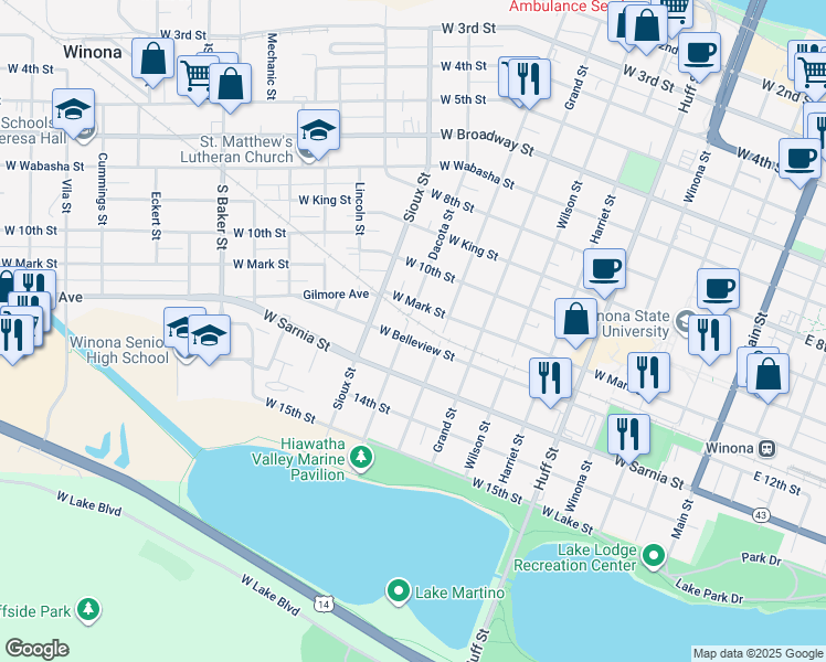 map of restaurants, bars, coffee shops, grocery stores, and more near 579 Dacota Street in Winona