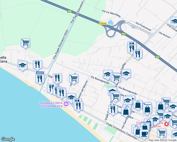map of restaurants, bars, coffee shops, grocery stores, and more near 102 Via Bassagrande in Marina di Carrara