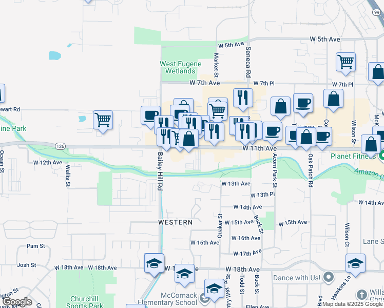 map of restaurants, bars, coffee shops, grocery stores, and more near 3570 West 11th Avenue in Eugene