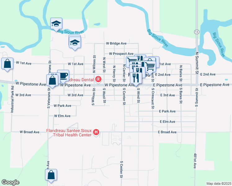 map of restaurants, bars, coffee shops, grocery stores, and more near 210 West 3rd Avenue in Flandreau